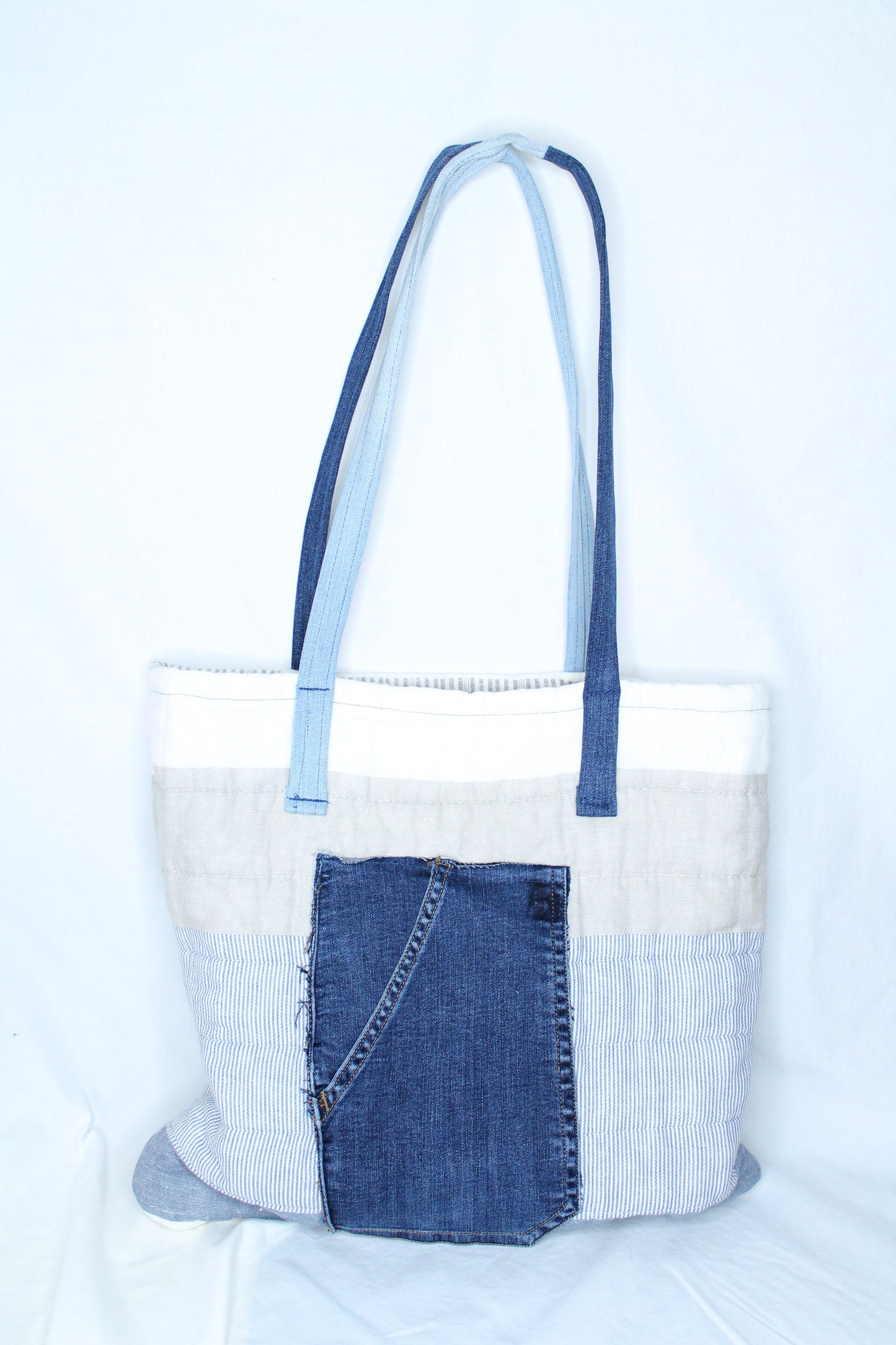 Blue, White, & Denim Tote Bag with Large Pocket