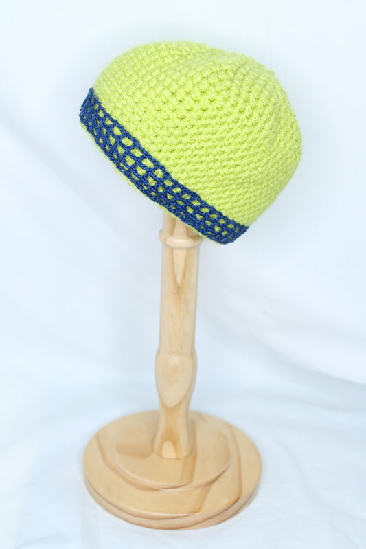 Bright Green Beanie with Filet Crochet Band