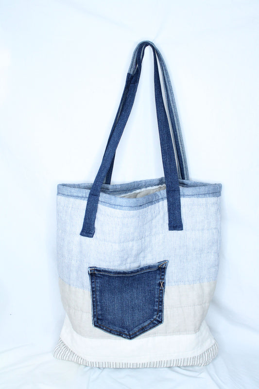 Blue, White, and Denim Tote with Small Pocket