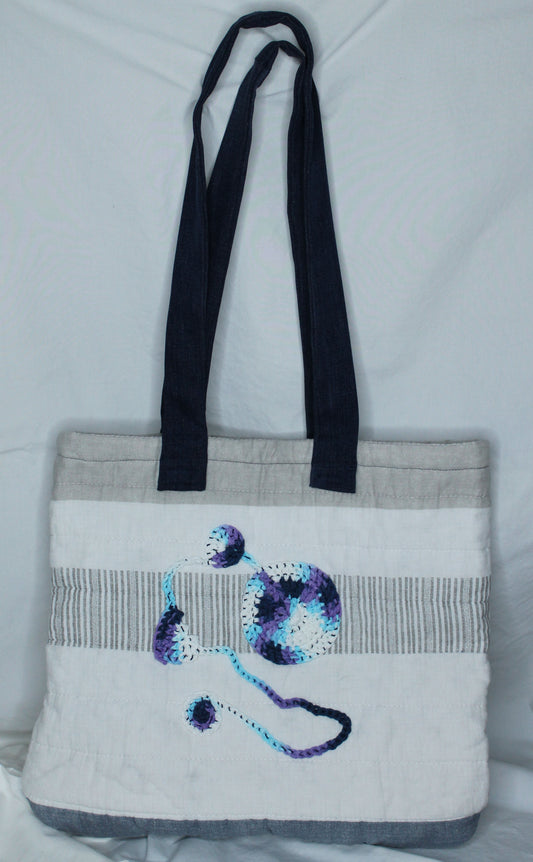 Blue, White, and Denim Tote Bag with Crochet Applique