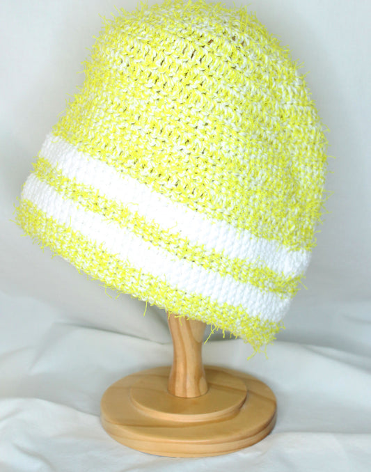 Yellow Beanie with Two White Stripes